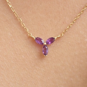 Naszyjnik z ametystem szlifowanym markizą 4 x 2 mm / Naszyjnik z cienkiego łańcuszka ze złota litego 14K / Prezent z okazji urodzin w lutym
