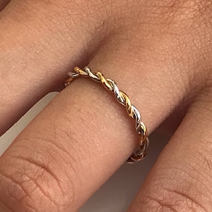 Twist Infinity Ring, 14k Solid Gold Two Tone Ring, Twisted Skinny Wedding Band, Thin Dainty Band, Rope Infinity Band