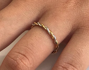 Twist Infinity Ring, 14k Solid Gold Two Tone Ring, Twisted Skinny Wedding Band, Thin Dainty Band, Rope Infinity Band