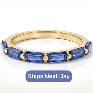 Baguette blauer Saphir Ehering, September Birthstone Ring, halbe Ewigkeit Saphir Ring, Versprechensring, Vintage Ehering