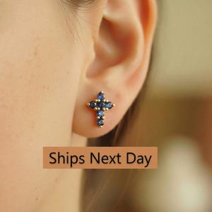 Blue Sapphire Cross Stud Earrings / Tiny Cross Studs September Birthstones / Religious Earrings Gift / Holiday Gift for Her