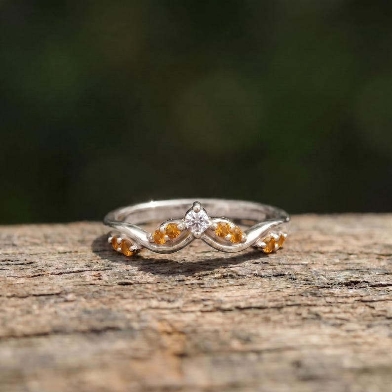 Citrine Curved Wedding Band V Shape Ring Golden Yellow Gemstone Chevron Stacking Ring November Birthstone Bridal Jewelry image 5
