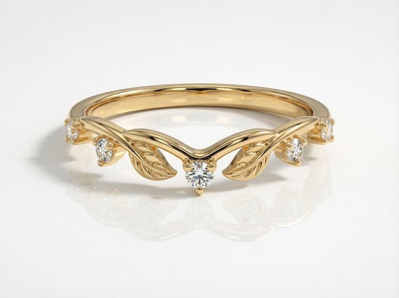 Gold Moissanite Leaf Ring, Nature Inspired Wedding Band, Matching Stackable Band for Women, Vintage Inspired Band Gift for Her