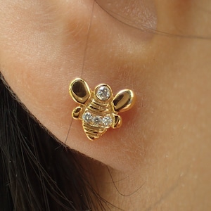 Honey Bee Gold Earrings, Gorgeous Pair of Bumble Bee, 14k Solid Gold with White Sapphires, Tiny Bee Earrings, Stud Post Earrings