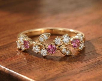 Round Pink Tourmaline Leaf Wedding Band, Nature Inspired Floral Cluster Ring for Her – October Birthstone Gift – 14K Gold Moissanite Jewelry