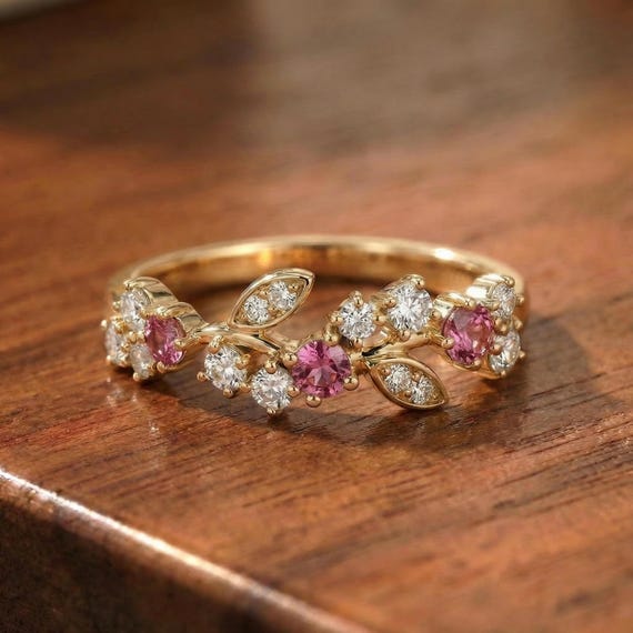 Round Pink Tourmaline Leaf Wedding Band, Nature Inspired Floral Cluster Ring for Her – October Birthstone Gift – 14K Gold Moissanite Jewelry