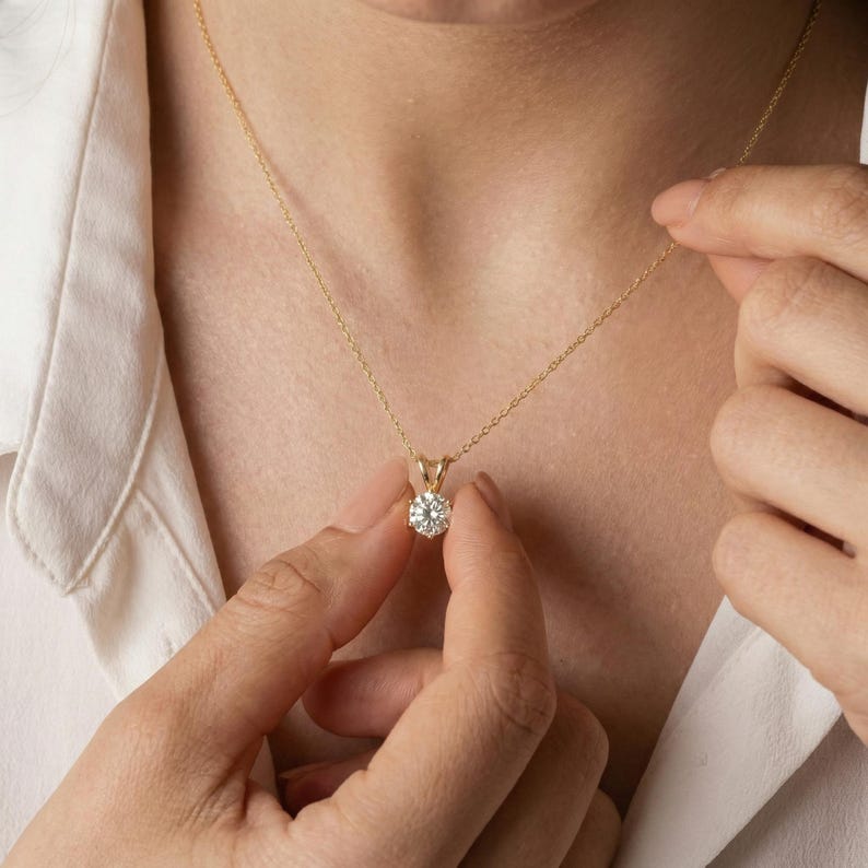 Dainty Gold Moissanite Solitaire Necklace | Brilliant Round Moissanite Pendant | Elegant Everyday Jewelry | Anniversary Gift for Her image 14