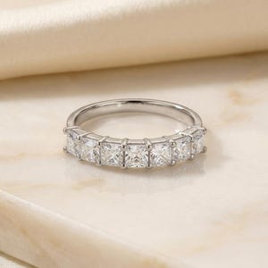 Anniversary Gift Princess Cut Moissanite Wedding Band, 1.05 CTW 7 Stone Ring, 3mm Square Stone Half Eternity Ring image 4