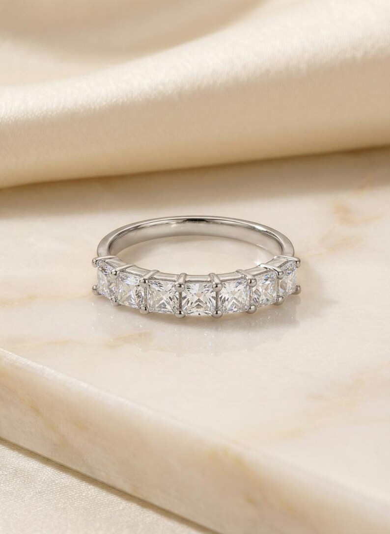 Anniversary Gift Princess Cut Moissanite Wedding Band, 1.05 CTW 7 Stone Ring, 3mm Square Stone Half Eternity Ring image 4
