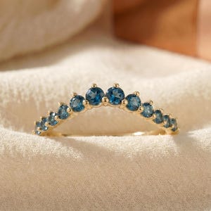 London Blue Topaz Curved Wedding Band | 14K Gold Stacking Ring | Dainty Gemstone Enhancer Anniversary Ring | Unique Wishbone Band image 4