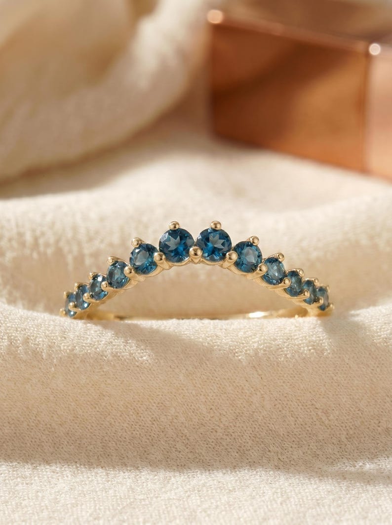 London Blue Topaz Curved Wedding Band | 14K Gold Stacking Ring | Dainty Gemstone Enhancer Anniversary Ring | Unique Wishbone Band image 4