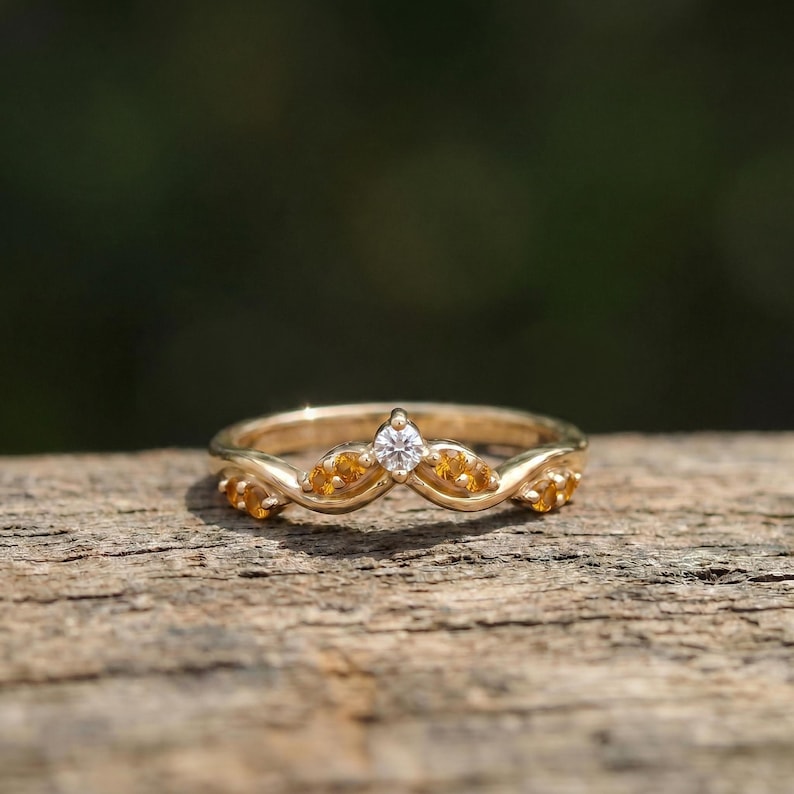 Citrine Curved Wedding Band V Shape Ring Golden Yellow Gemstone Chevron Stacking Ring November Birthstone Bridal Jewelry image 4