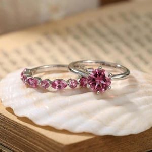 Delicate Pink Tourmaline Eternity Band Ring | 14K Gold Marquise & Round Gemstone Stacking Ring | October Birthstone Gift for Her image 2