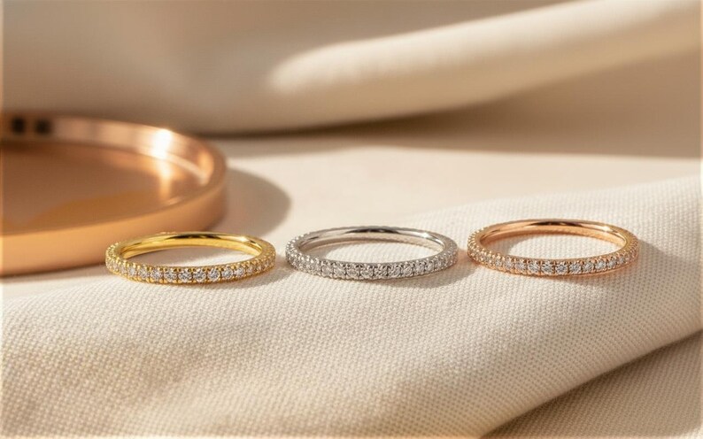 Fishtail Diamond Wedding Band / Full Eternity Band in 14k Solid Gold / Thin Dainty Stackable Band image 7