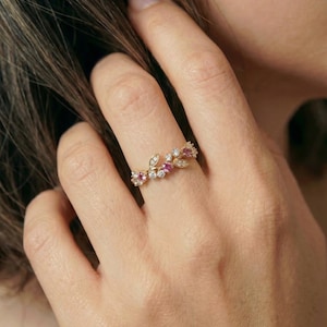 Round Pink Tourmaline Leaf Wedding Band, Nature Inspired Floral Cluster Ring for Her – October Birthstone Gift – 14K Gold Moissanite Jewelry image 8