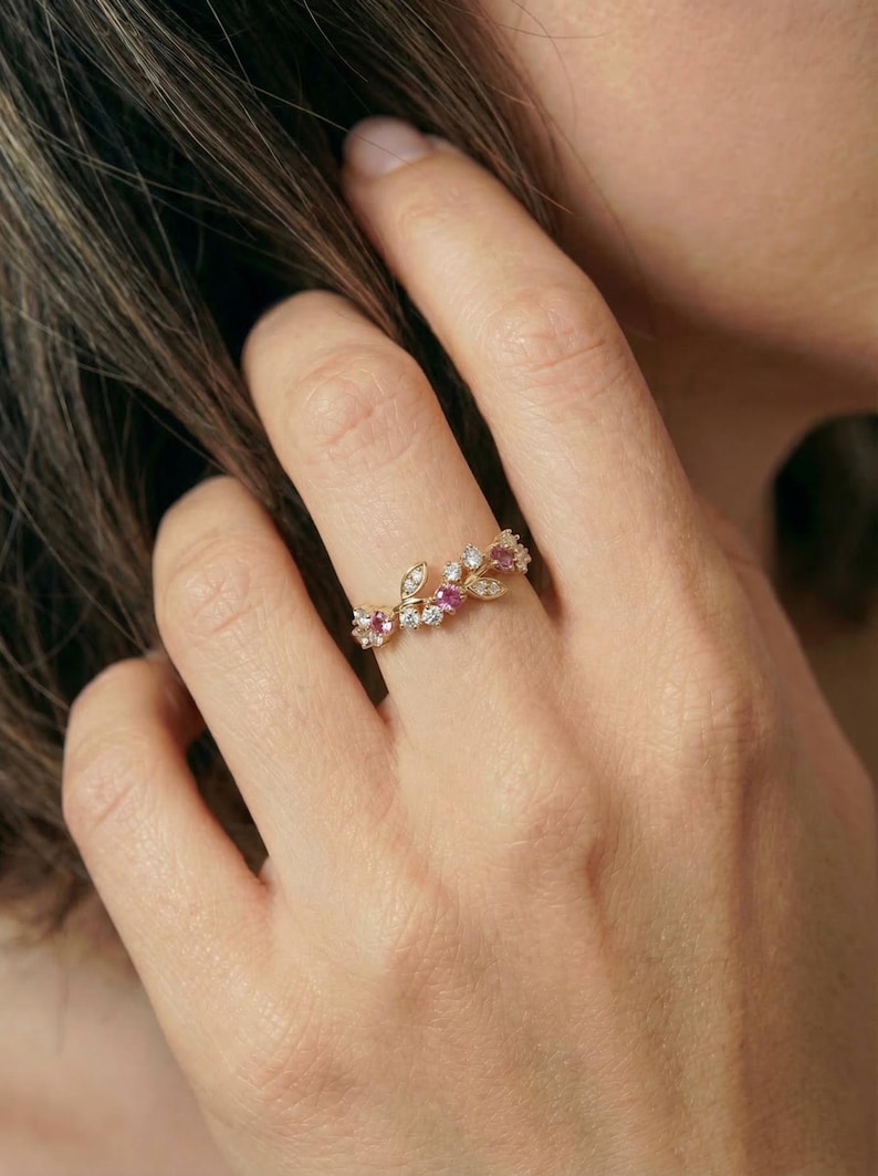 Round Pink Tourmaline Leaf Wedding Band, Nature Inspired Floral Cluster Ring for Her – October Birthstone Gift – 14K Gold Moissanite Jewelry image 8