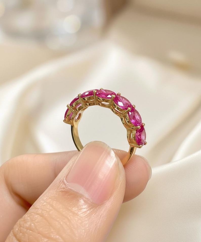Pink Tourmaline Wedding Band 3.50ctw Round Cut 7 Stone Anniversary Ring Pink Gemstone Eternity Band October Birthstone image 9