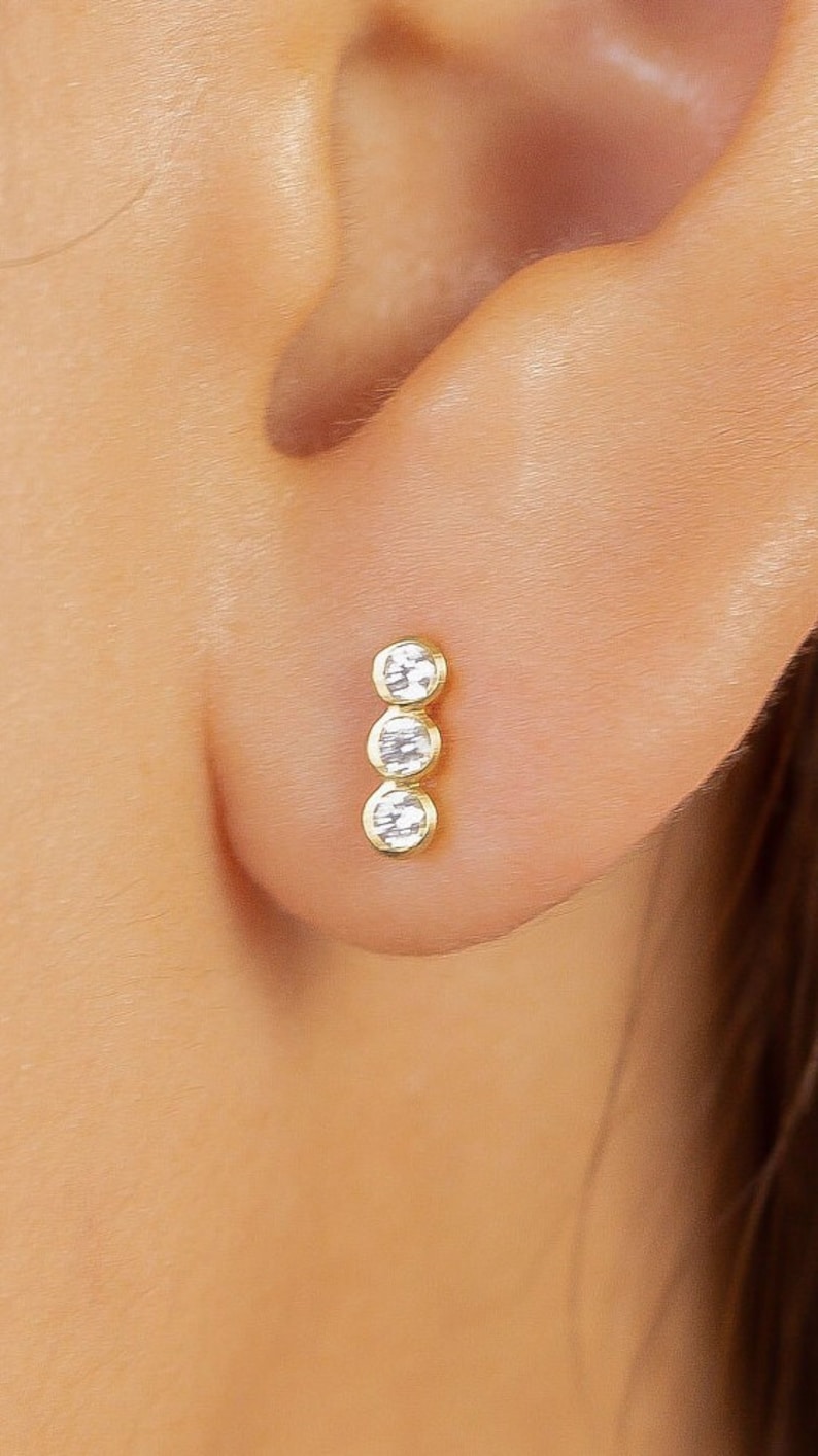 Three Stones Bar Stud Earrings, Sterling Silver Stud Earrings, Dainty Three Stone Studs, Minimalist Earrings Gift For Women image 1