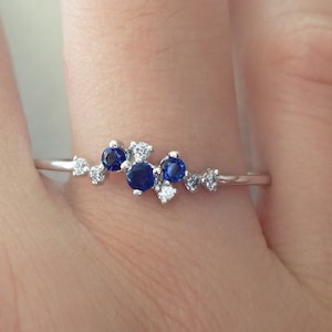 Moissanite and Blue Sapphire Cluster Ring, Prong Set Cluster Ring, Alternating Sapphire and Moissanite Ring