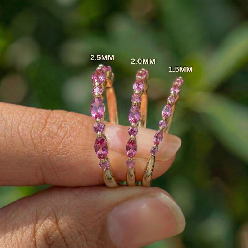 Delicate Pink Tourmaline Eternity Band Ring | 14K Gold Marquise & Round Gemstone Stacking Ring | October Birthstone Gift for Her image 1