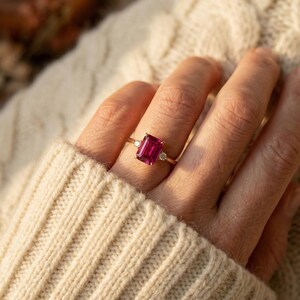 1.75ct Ruby Ring, Emerald Cut Ruby Ring, 14K Gold Statement Ring, Certified Stone Ring, July Birthstone image 9