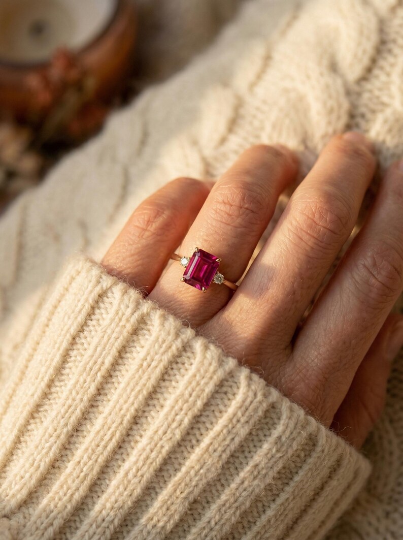 1.75ct Ruby Ring, Emerald Cut Ruby Ring, 14K Gold Statement Ring, Certified Stone Ring, July Birthstone image 9