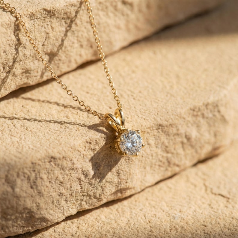 Dainty Gold Moissanite Solitaire Necklace | Brilliant Round Moissanite Pendant | Elegant Everyday Jewelry | Anniversary Gift for Her image 5