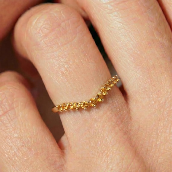 Curved Gold Heart Citrine Ring | Dainty V Shape Stacking Band | Yellow Gemstone Promise Ring | Anniversary Wedding Enhancer