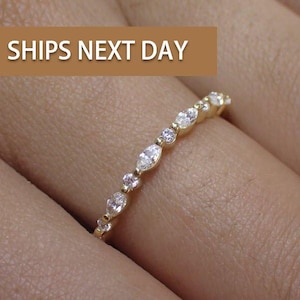 Vintage Diamond Wedding Band, Marquise Cut Half Eternity Stacking Ring, Art Deco Engagement Band, Marquise Ring