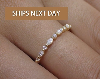 Vintage Diamond Wedding Band, Marquise Cut Half Eternity Stacking Ring, Art Deco Engagement Band, Marquise Ring
