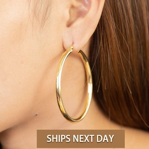 50 MM Oversized Statement Hoop Earrings, Sterling Silver Thick Earring for Women, Plain Bold Hoops, Extra Large Earrings