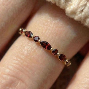 Dainty Garnet Eternity Ring | 14K Gold Stacking Band | January Birthstone Marquise & Round Red Gemstone Delicate Wedding Anniversary Gift image 16