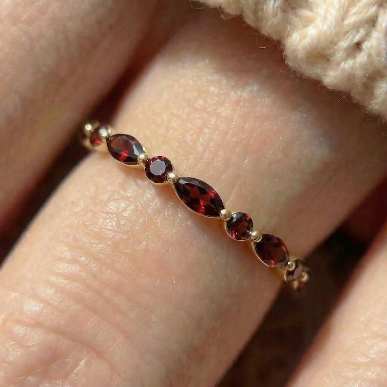 Dainty Garnet Eternity Ring | 14K Gold Stacking Band | January Birthstone Marquise & Round Red Gemstone Delicate Wedding Anniversary Gift image 16