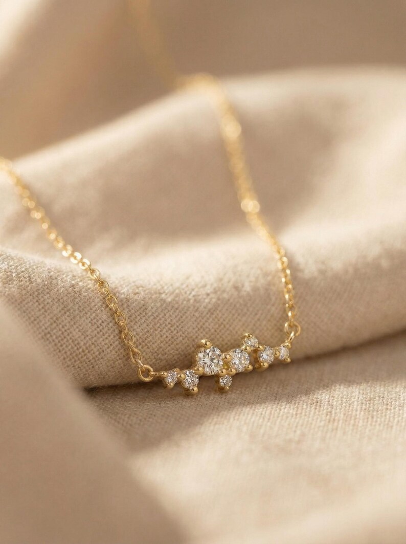 Cluster Sapphire Necklace Gift for Her, 14Solid Gold Cluster Necklace, Rope Chain Gold Necklace Gift for Her image 4
