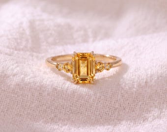 Emerald Cut Citrine Gold Ring | Dainty Yellow Gemstone Engagement Ring | Promise Ring for Her | November Birthstone Jewelry