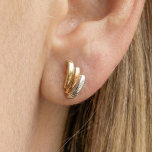 Three Color Earrings in 14K Solid Gold, Stud Post Earrings, Tri Color Earrings, Delicate Tiny Stud Earrings image 1