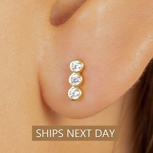 Three Stones Bar Stud Earrings, Sterling Silver Stud Earrings, Dainty Three Stone Studs, Minimalist Earrings Gift For Women