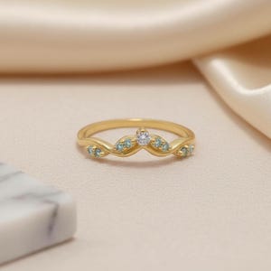 Aquamarine Wedding Band Curved V Shape Ring Light Blue Gemstone Stacking Ring Sterling Silver Vine Twist Chevron March Birthstone Jewelry image 10