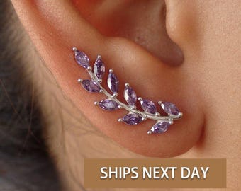 Amethyst Earring Climber / Ear Crawlers Earrings / Marquise Ear Climber Earrings / Bridesmaid Gift / February Birthstones / In Stock