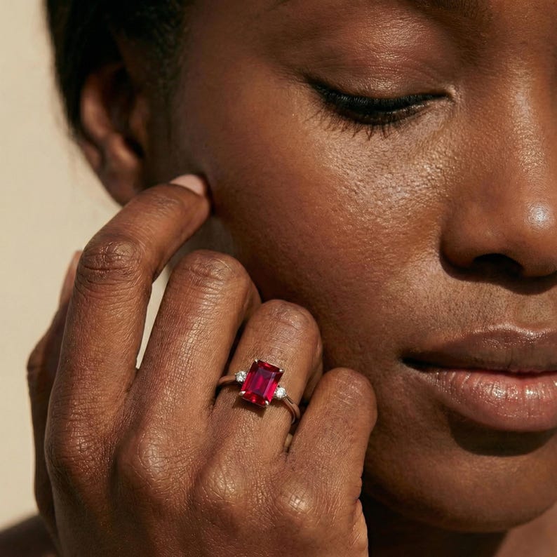 1.75ct Ruby Ring, Emerald Cut Ruby Ring, 14K Gold Statement Ring, Certified Stone Ring, July Birthstone image 5