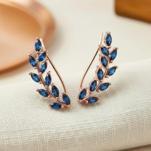 Blue Sapphire Earring Climber / September Birthstone Gift / Marquise Ear Crawlers Earrings / Ear Climber Earrings / Bridesmaid Gift image 2