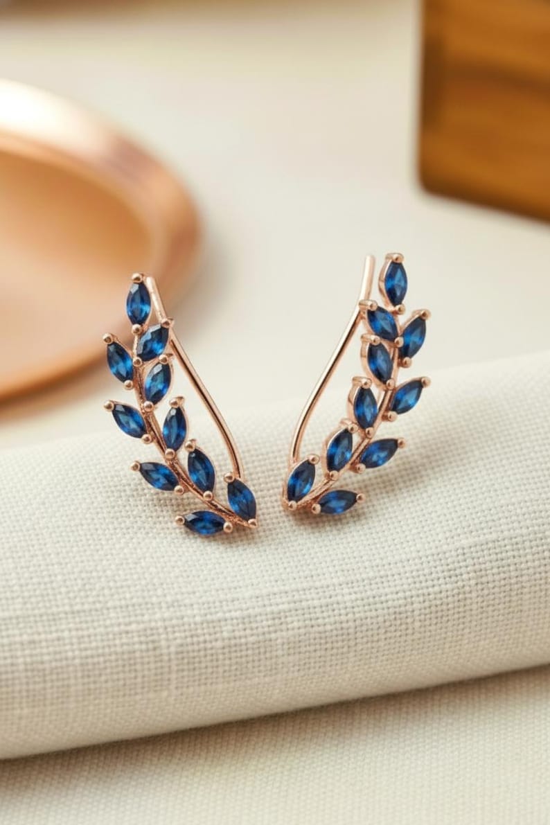 Blue Sapphire Earring Climber / September Birthstone Gift / Marquise Ear Crawlers Earrings / Ear Climber Earrings / Bridesmaid Gift image 2