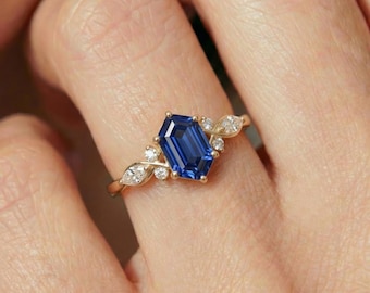 Emerald Cut Sapphire Ring, 14K Gold Hexagon Blue Sapphire & Diamond Cluster Ring, Unique Vintage Engagement Ring, Anniversary Gift for Her