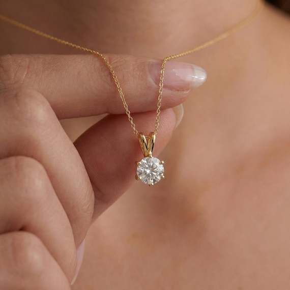 Dainty Gold Moissanite Solitaire Necklace | Brilliant Round Moissanite Pendant | Elegant Everyday Jewelry | Anniversary Gift for Her