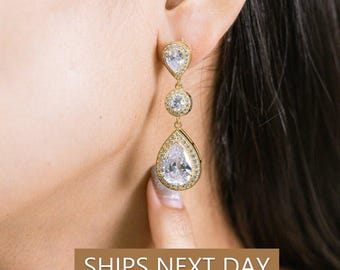 Diamond Halo Teardrop Dangle Earrings, Long Pear Drop Bridal Earrings, Dainty Wedding Jewelry, Bridesmaid Gift for Her