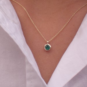 14k Emerald Necklace, Bezel Set Necklace, Crystal Solitaire, May Birthstone Gift, Delicate Emerald Solitaire Necklace