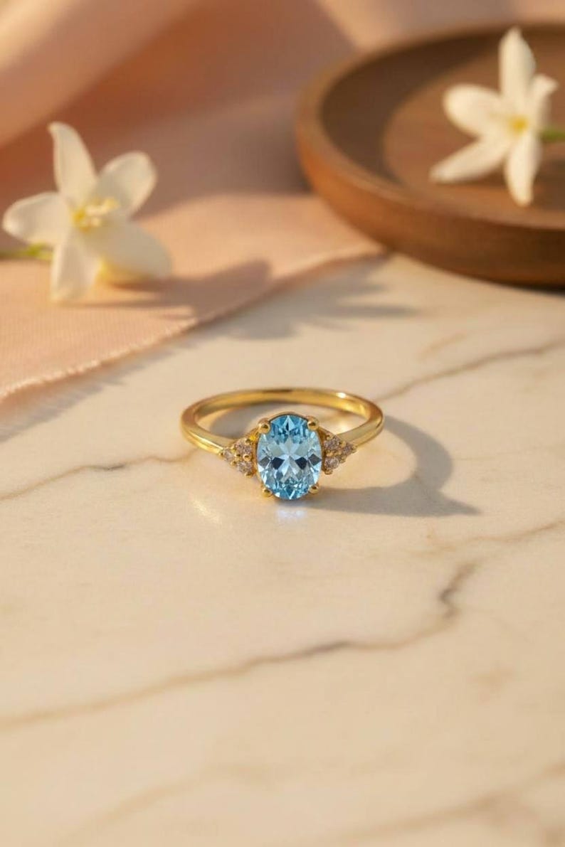 Oval Blue Topaz Engagement Ring, Twisted Vine Promise Ring for Women ...