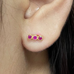 Ruby Earrings / Three Stone Stud Earrings / July Birthstone Gift / Minimalist Gemstone Earrings