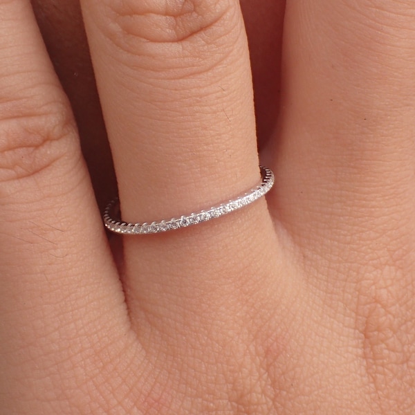 Diamond Eternity Band, 14k Solid Gold Diamond Wedding Band, Full Eternity Micro Pave Band, Dainty Stackable Band 1.3mm