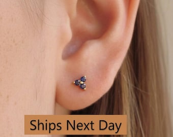 Blue Sapphire Earrings / Trio Stud Earrings / September Birthstone Gift / Three Stone Earrings / Minimalist Earrings / In Stock